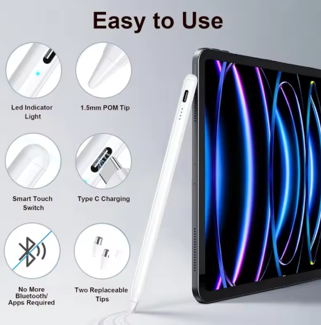 Metal Universal Stylus Pen for Tablet iPad Android Phone Rechargeable Capacitive Pen for Drawing White